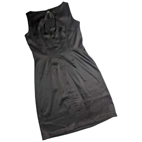 Vtg 1990s CDC Black Satin Floral Micro Beaded Sleeveless Mini Sheath Dress 10 - Picture 2 of 6